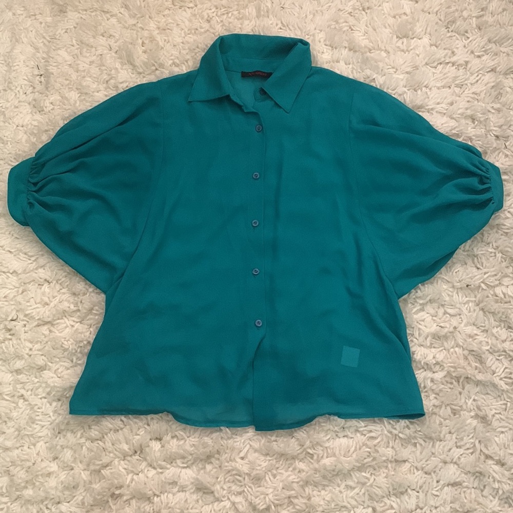Turquoise Green Puff Sleeve Blouse